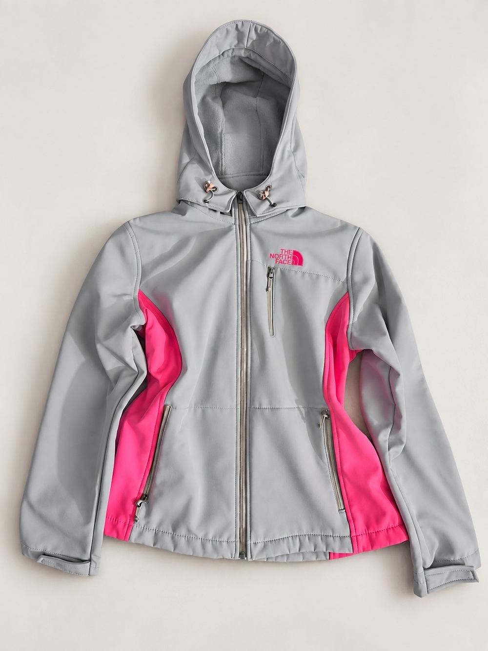 The North Face Women’s L Gray Pink Fleece Lined Softshell Jacket Removable Hood